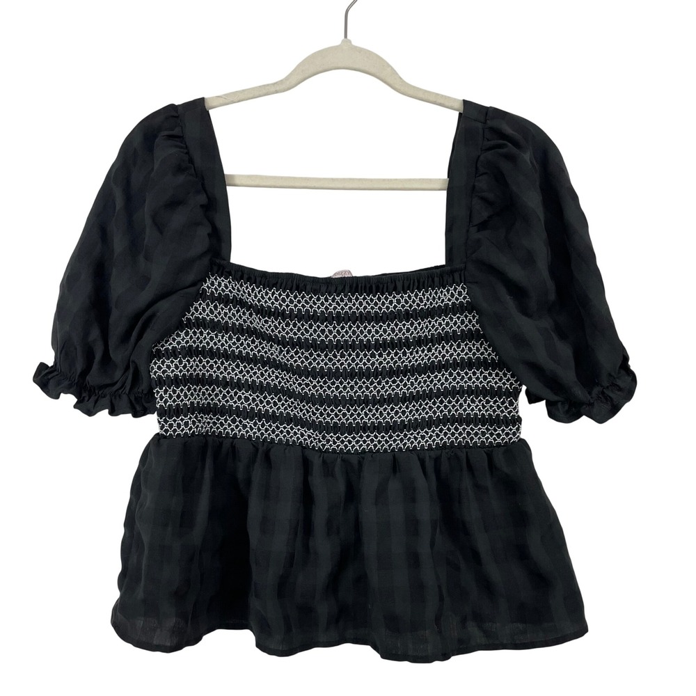 Dizzy Lizzy Size L Blouse Black Smocked Puff Sleeve Peplum Square Neck Women